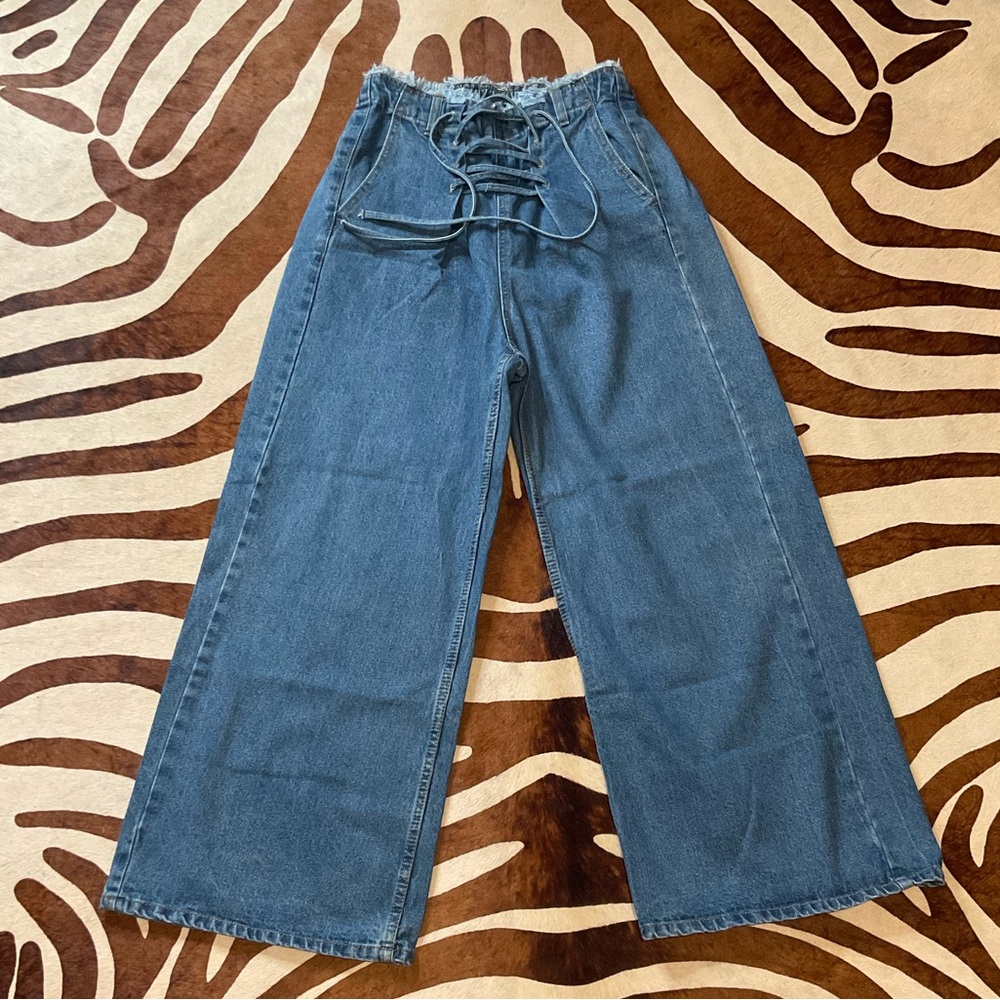 Lace Up Pull On Wide Leg High Waist Jeans Size Medium